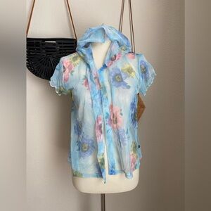 Urban Angel Blue Floral Hooded Swim CoverUp Button Down, Size Medium